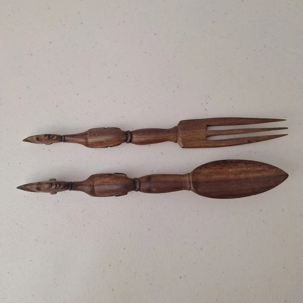Vintage African Hand Carved Wooden Tribal Man and Woman Servers Utensils 10